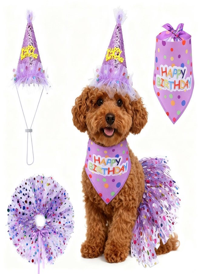 Quilax 3Pcs Dog Birthday Hat with Bandana Dress Girl Set, Cute Dog Tutu Skirt Outfit, Puppy Birthday Party Supplies for Small Medium Large Dogs Decorations(Purple) - Image 1